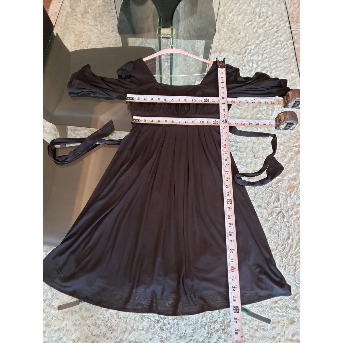 Rubber Ducky Fit & Flare Dress Womens Medium Black Empire Waist Pleated Stretch