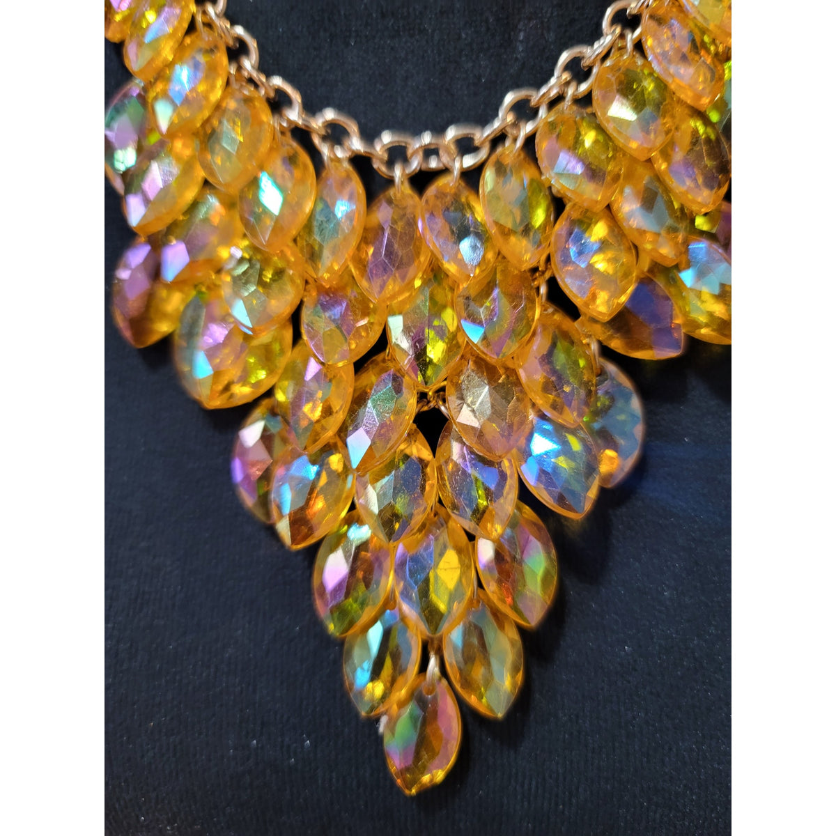 Women's Amber Crystal Leaf Bib Necklace Earring Set Gold Tone Lobster Clasp