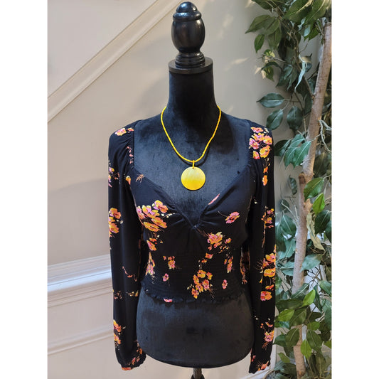 Leith Floral Blouse Women’s Size S Black 100% Rayon Smocked Waist Long Sleeve