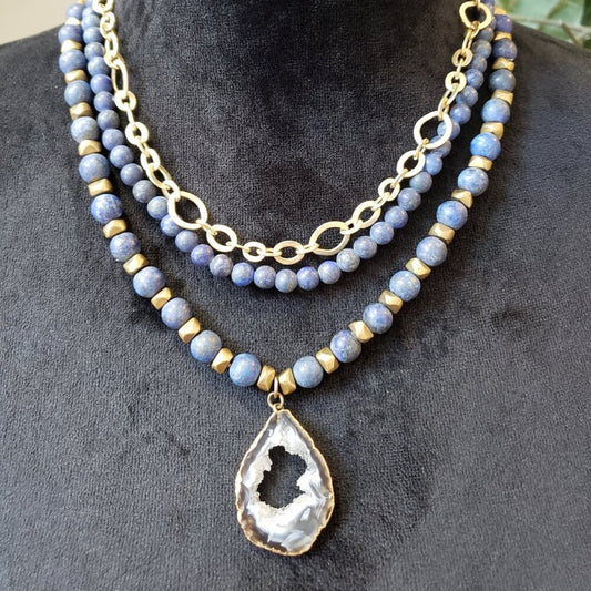 Womens Fashion Blue & Gold Tone Beaded Pendant Necklace with Lobster Clasp