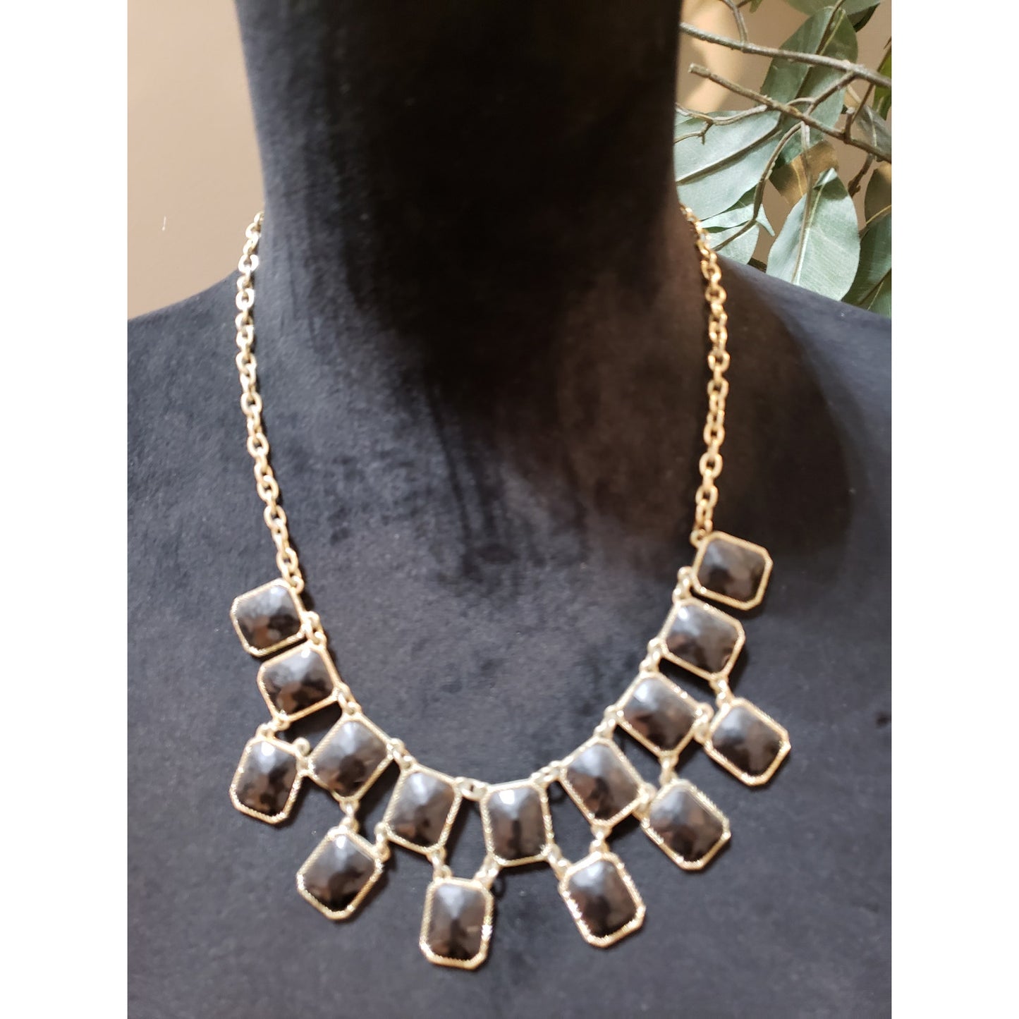Womens Square Faceted Black Lucite Double Layered Necklace with Lobster Clasp