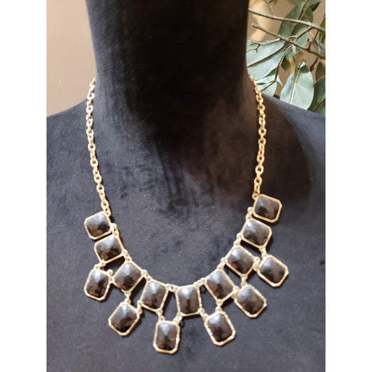 Womens Square Faceted Black Lucite Double Layered Necklace with Lobster Clasp