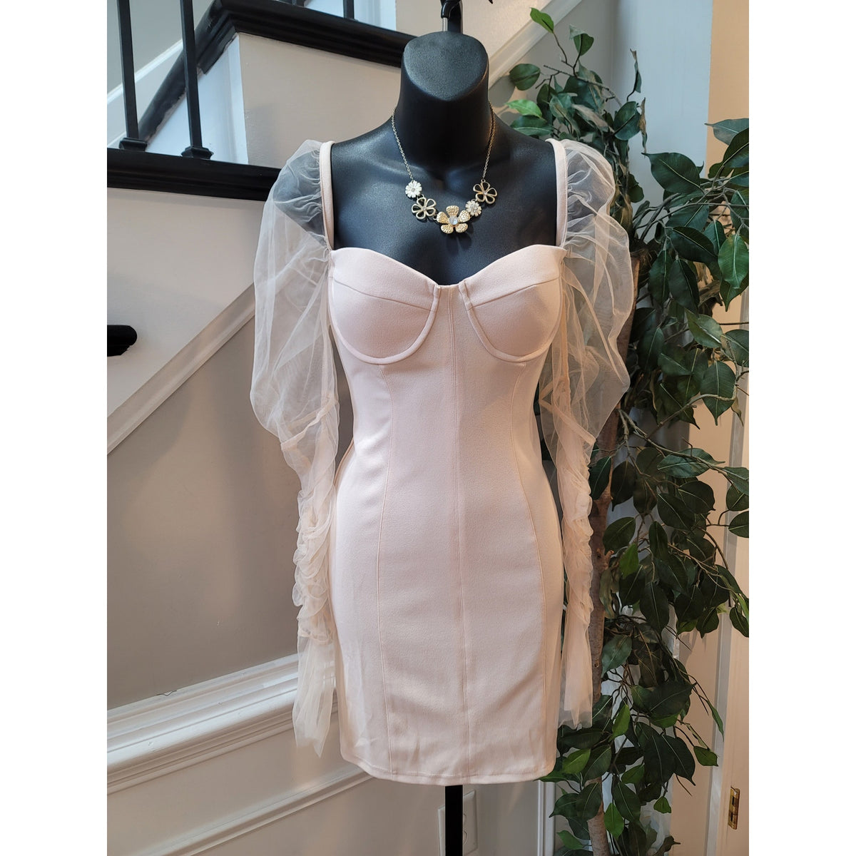 Womens Cocktail Dress Medium Pink Sheer Long Sleeve Mesh Bustier Bodycon Party