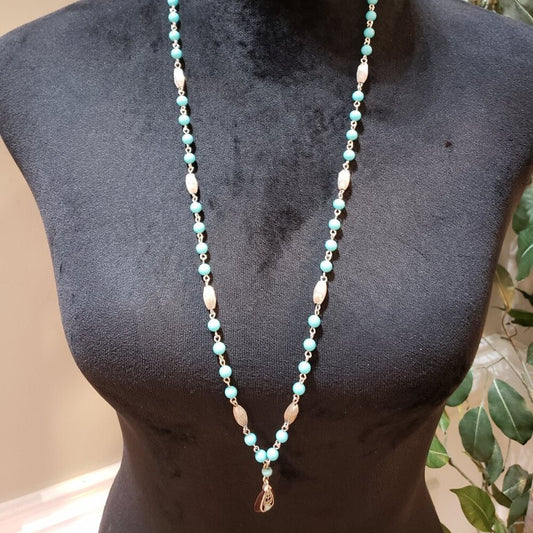 Womens Fashion Green & Gold Tone Linked Beaded Necklace with Spring Ring Clasp