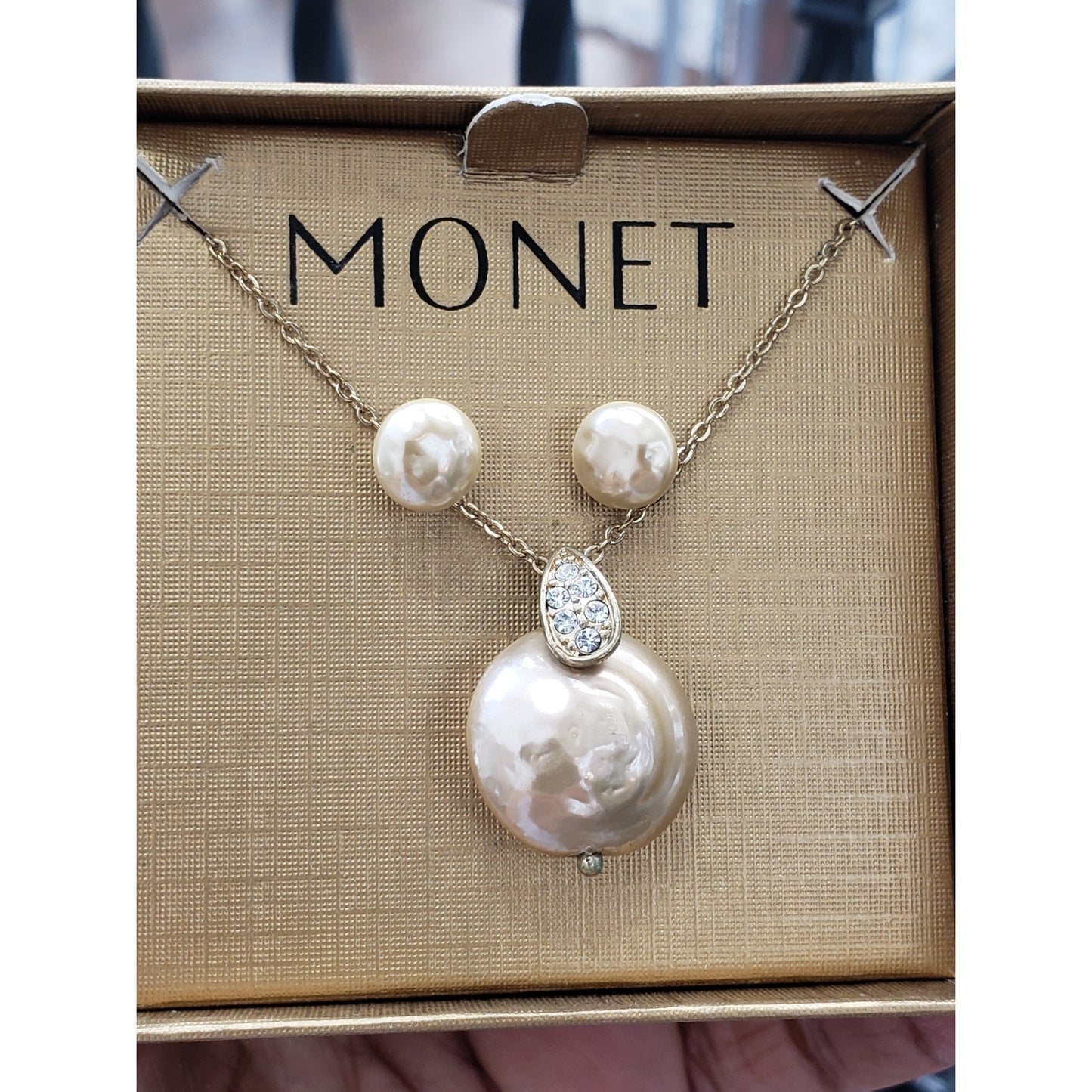 Monet Gold Large Pearl Rhinestone Women's Elegantly Paired Necklace & Earrings