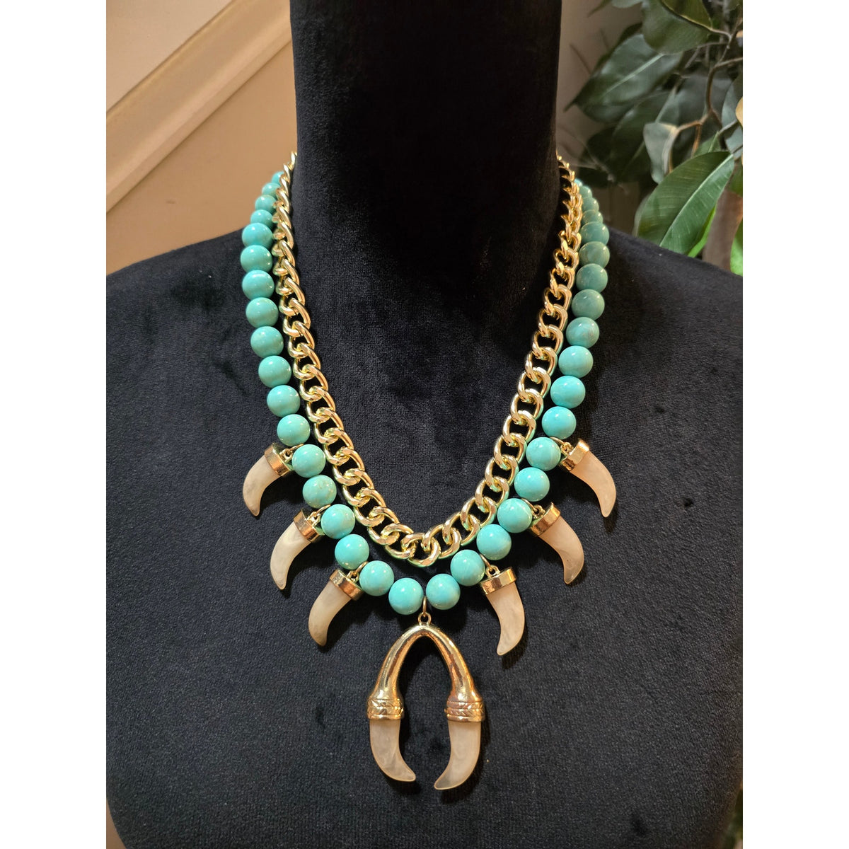 Women's Turquoise Bead Necklace Gold Chain Tusk Pendant Statement Chunky Bib