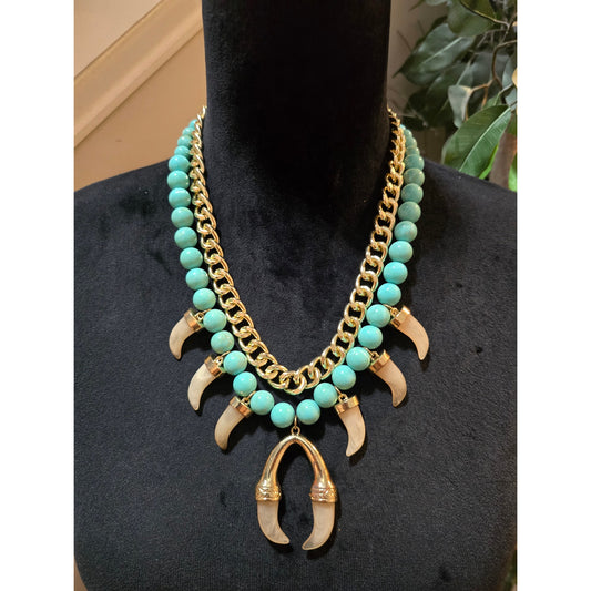 Women's Turquoise Bead Necklace Gold Chain Tusk Pendant Statement Chunky Bib