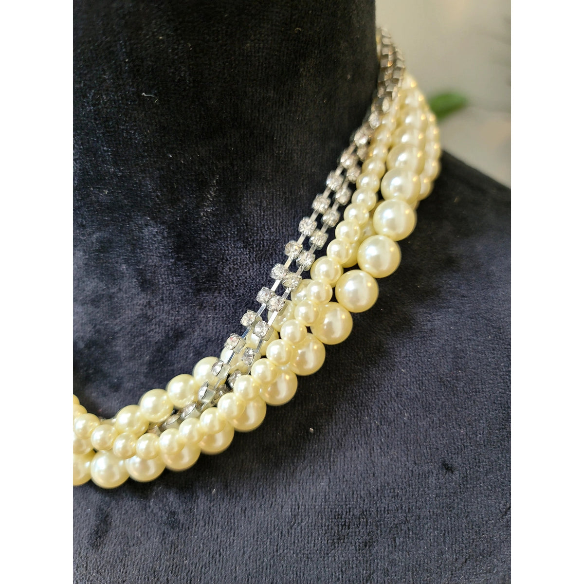 Vintage Faux Pearl Multi-Strand Necklace Rhinestone Floral Clasp Statement
