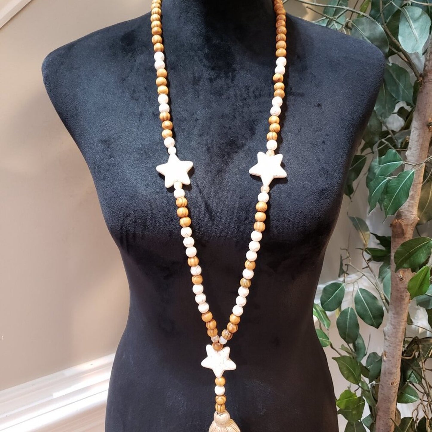 Womens Fashion White Stars Wooden Round Beads Tassel Necklace with Lobster Clasp