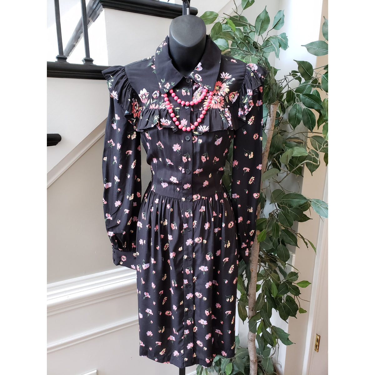 Jill Stuart Shirt Dress Women XS Black Floral Ruffle Pleated Collar Button Front