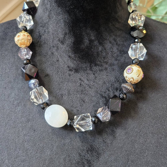 Women's Black & Clear Faceted Crystal Beaded Single Strand Collar Bib Necklace