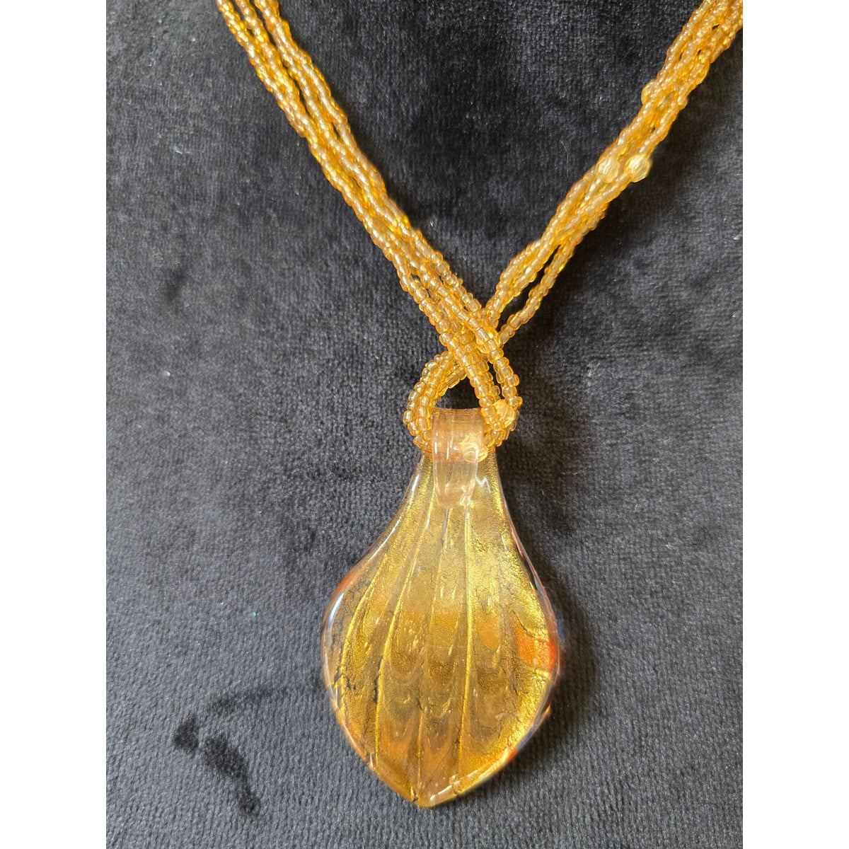 Gold Tone Multi Strand Beaded Necklace Enamel Pendant Boho Statement Jewelry