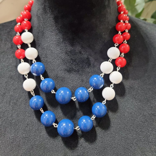 Womens Fashion White Blue Red Lucite Bead Opera Collar Necklace w/ Lobster Clasp