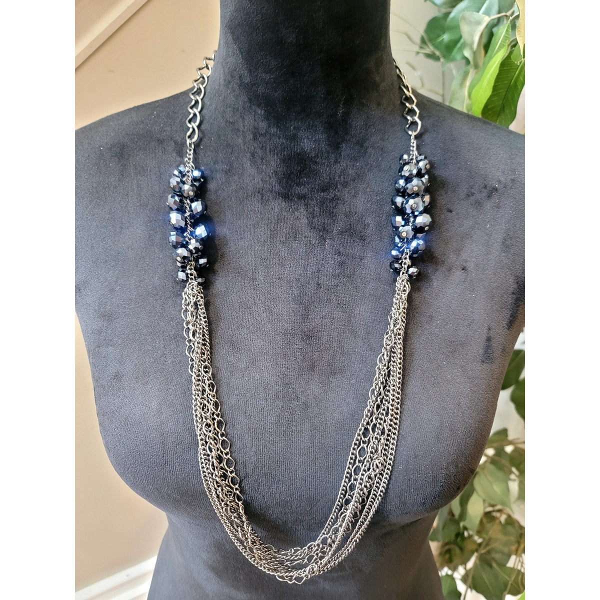 Gunmetal Layered Chain Necklace with Navy Blue Faceted Bead Clusters Statement