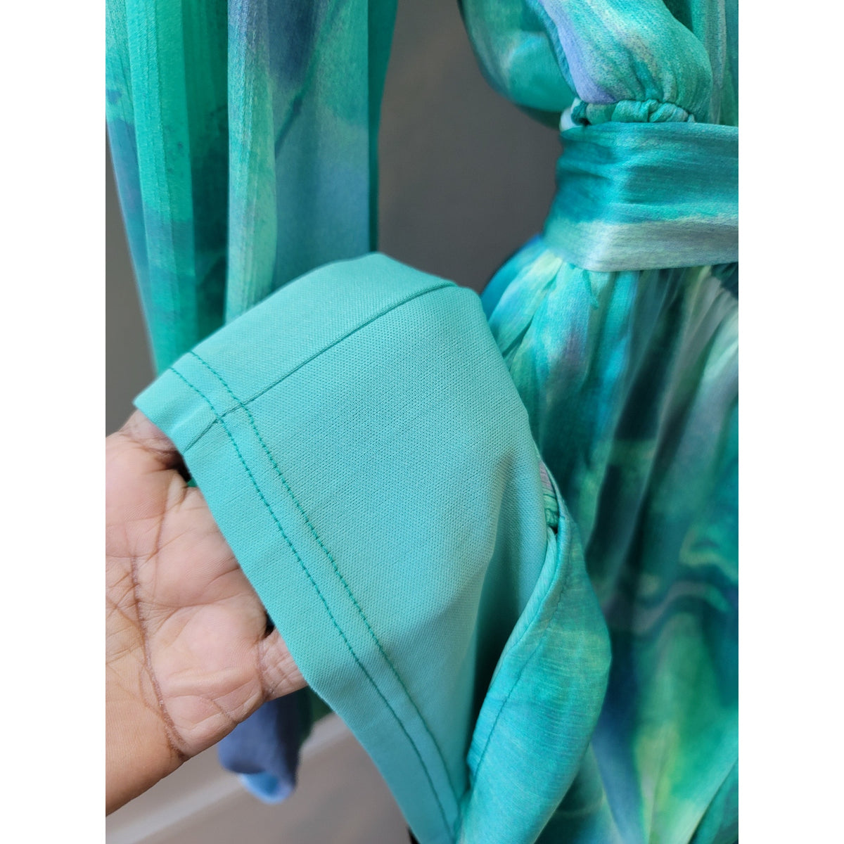 Fashion Nova Jumpsuit Romper Women's M Green Watercolor 100% Polyester Tie Waist
