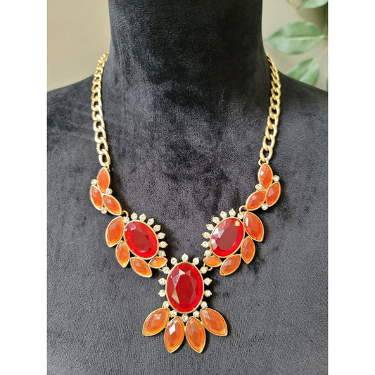 Women's Vintage Red and Orange Statement Necklace and Earrings Set For Party