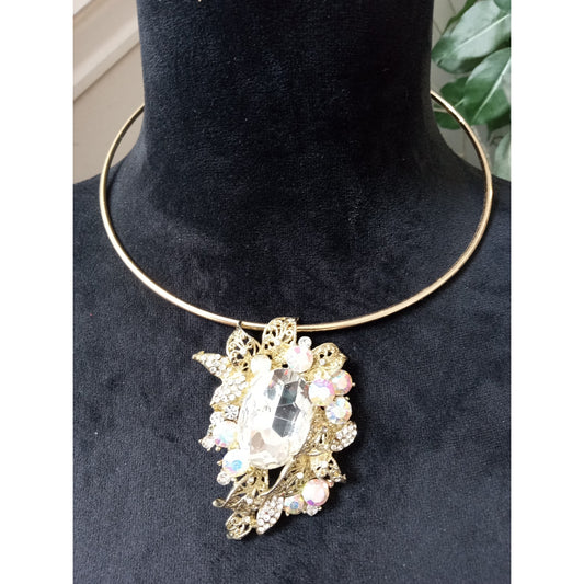 Vintage Rhinestone Statement Choker Necklace AB Crystal Gold Tone Pendant