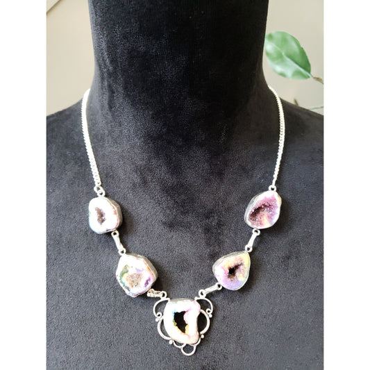 Women's Druzy Geode Necklace Lobster Clasp Set with Toggle Bracelet