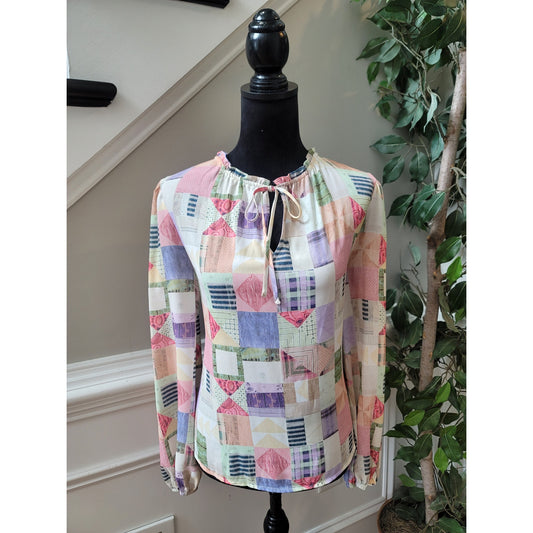 INC International Concepts Blouse Women's Large Multicolor Patchwork Boho Top