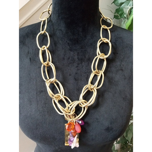 Iman Gold Tone Double Link Chain Statement Necklace Colorful Crystal Pendant