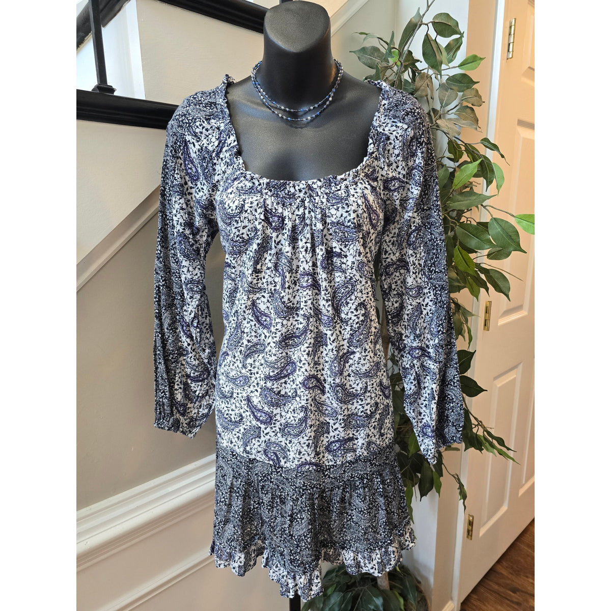 Sam Edelman Paisley Print Dress Women's XS Blue White 100% Cotton Square Neck