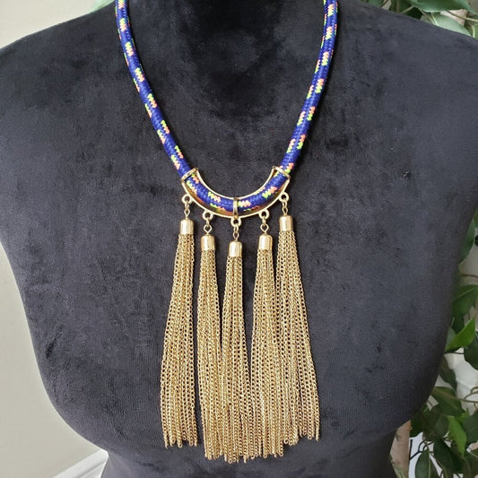 Womens Blue White Rope Boho Style Chain Tassel Collar Necklace w/ Lobster Clasp