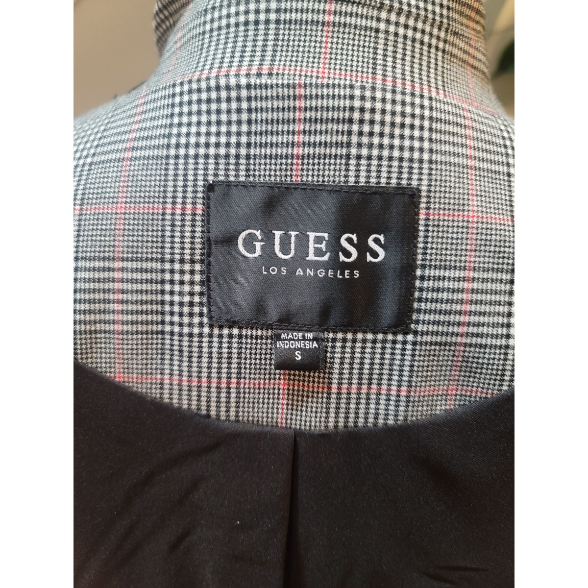 Guess Blazer Women Small Gray/Black Plaid Double Breasted Faux Pocket Lined