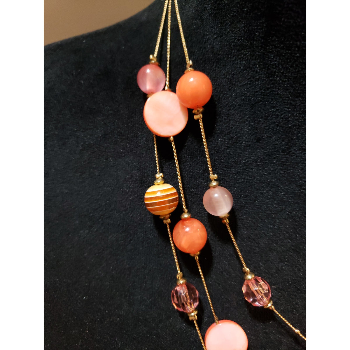 Womens Fashion Three Strand Coral Died Shell and Glass Beads Station Necklace
