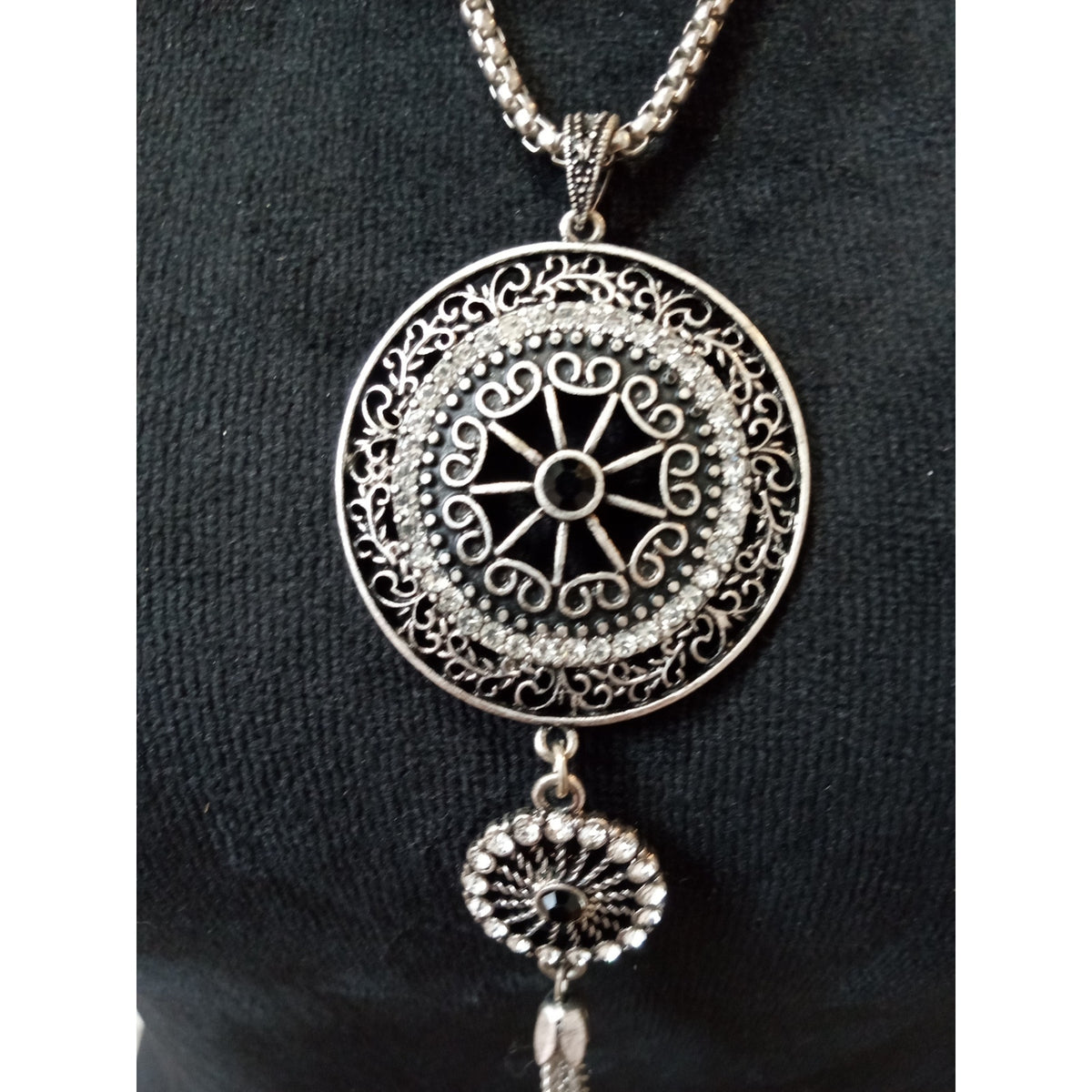 Silver Tone Filigree Medallion Pendant Necklace Long Chain Tassel Boho Statement