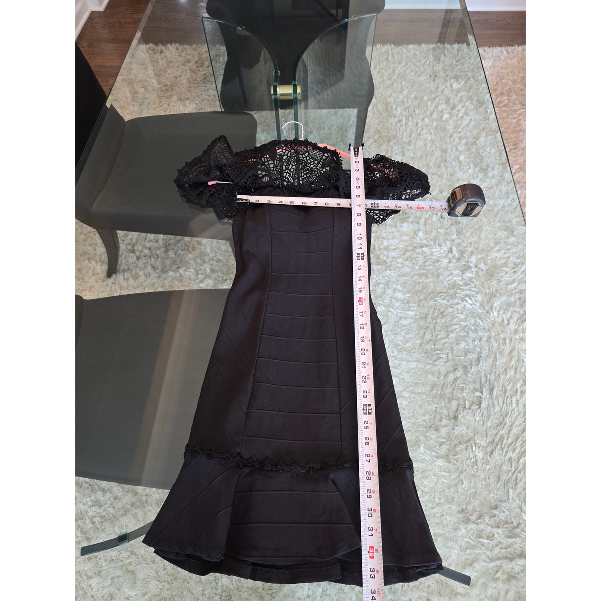 Kesses Bandage Dress Women's Chest Sz M Black Padded Crochet Lace Flounce Hem