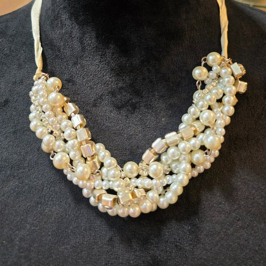 Womens Fashion White Layer Pearls Rhinestone Chunky Statement Necklace