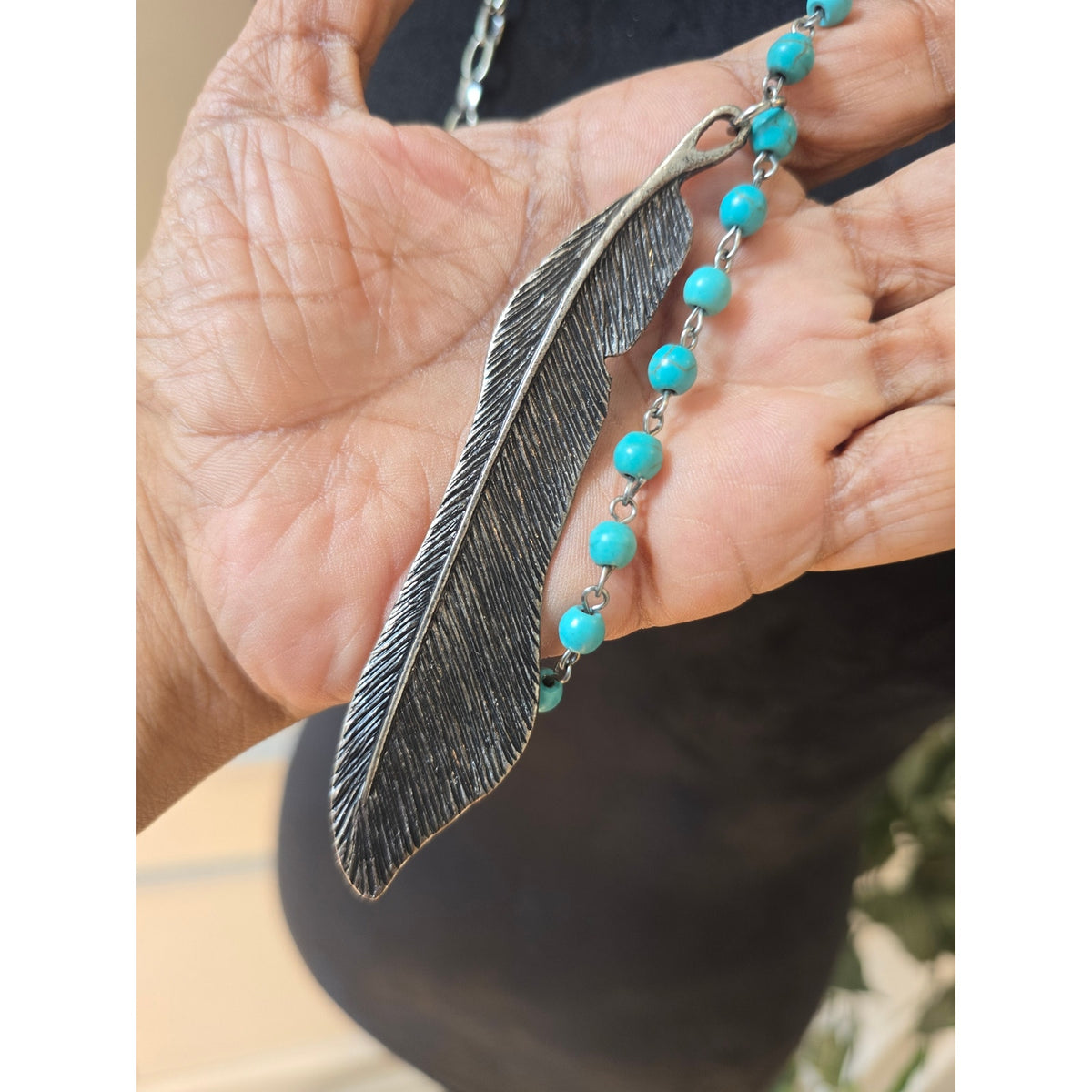 West & Co Turquoise Beaded Long Pendant Necklace Gold Tone Leaf Boho Jewelry