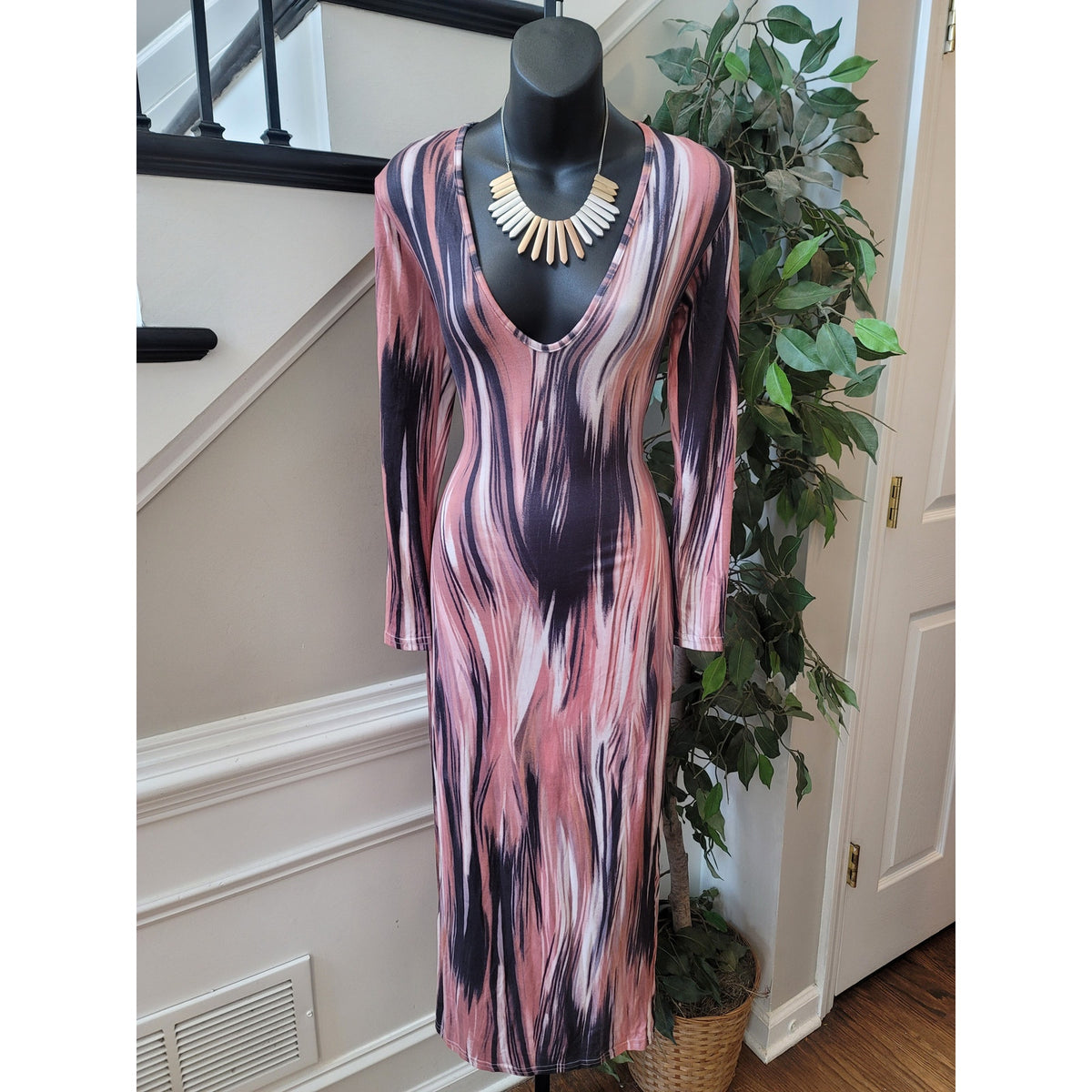 Printed Midi Dress Women's Size Small Navy Pink Polyester V Neck Long Sleeves