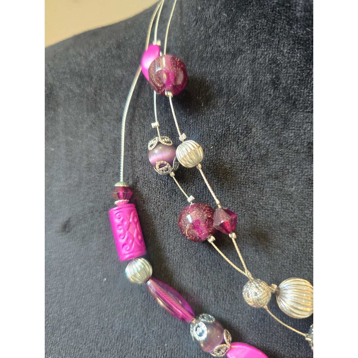 Hot Pink Fuchsia Multi Strand Layered Beaded Statement Necklace