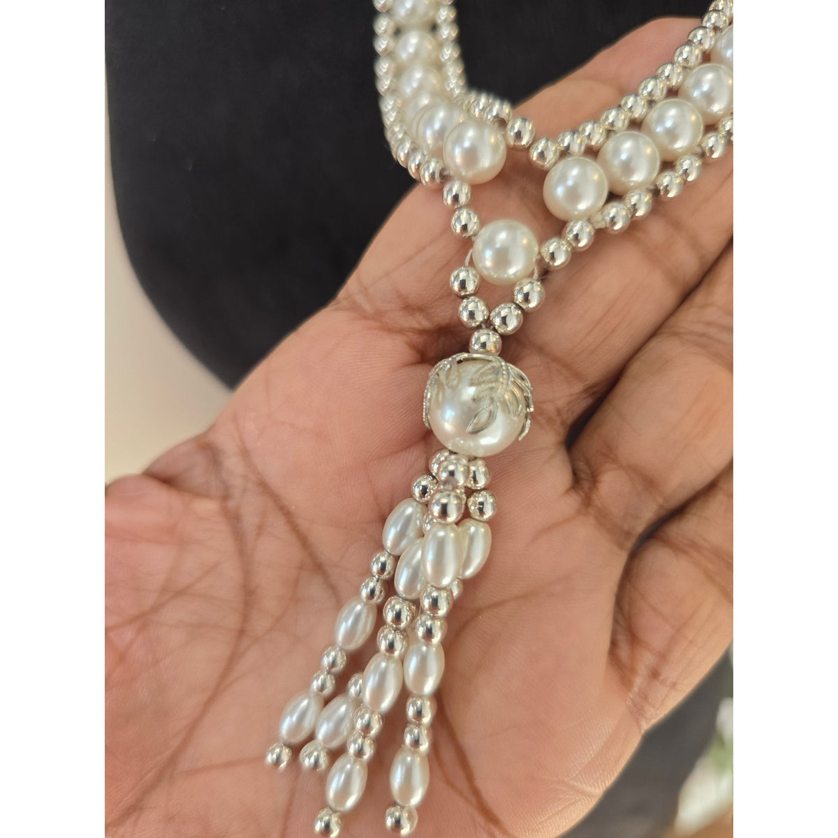 Silver Tone Rhinestone Faux Pearl Tassel Long Statement Necklace