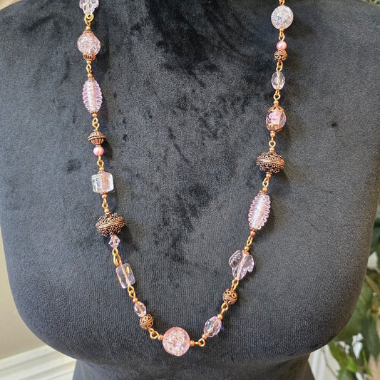 Womens Bright Pink Venetian Crystal Brown Round Metal Beaded Necklace