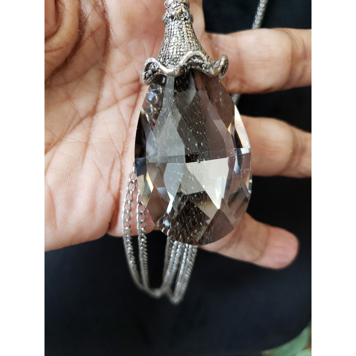 Women Silver Tone Teardrop Faceted Crystal Chain Tassel Long Necklace w/ Lobster