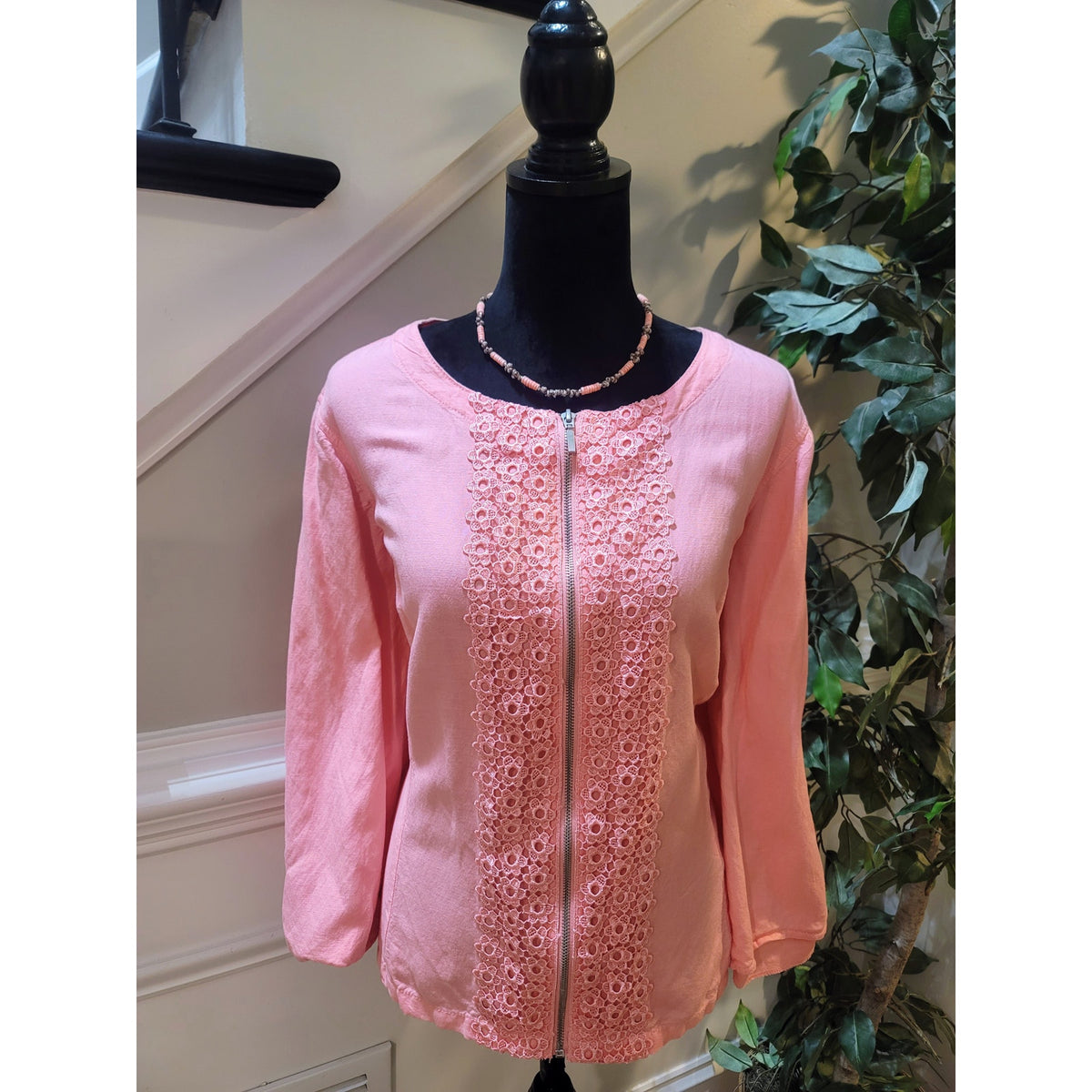 Ruby Rd. Blouse Jacket Women's SZ 18W Pink Crochet Lace Front Zipper Long Sleeve