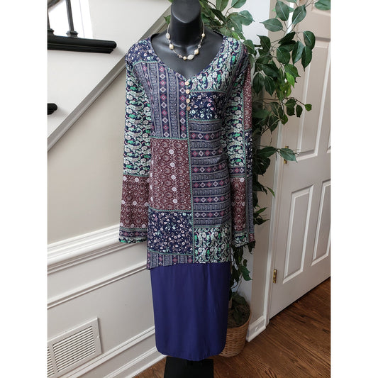 Women Long Maxi Dress 4XL Multi Floral Paslay Lined Long Sleeve V Neck Pullover