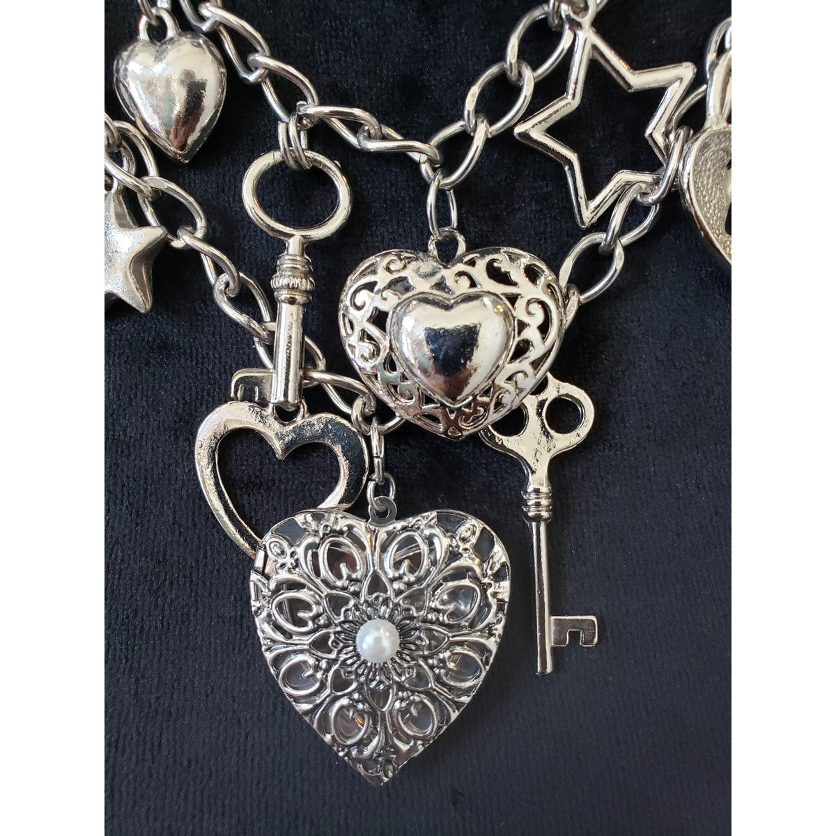 Womens 2 Strand Silver Plated Heart Star Key Charms Necklace with Toggle Clasp