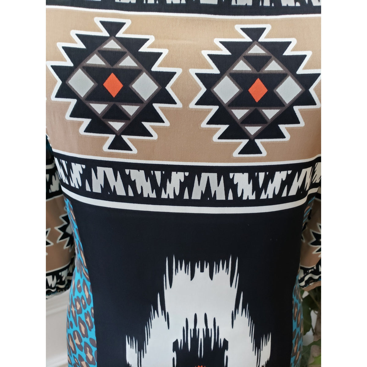 Jay Fit & Flare Dress Women's Small Black White Geometric Round Neck Long Sleeve