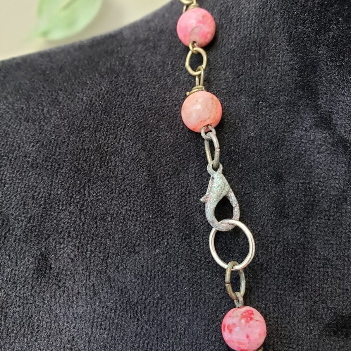 Womens Black Marble Pendant Pink Beaded Necklace Jewelry with Lobster Clasp