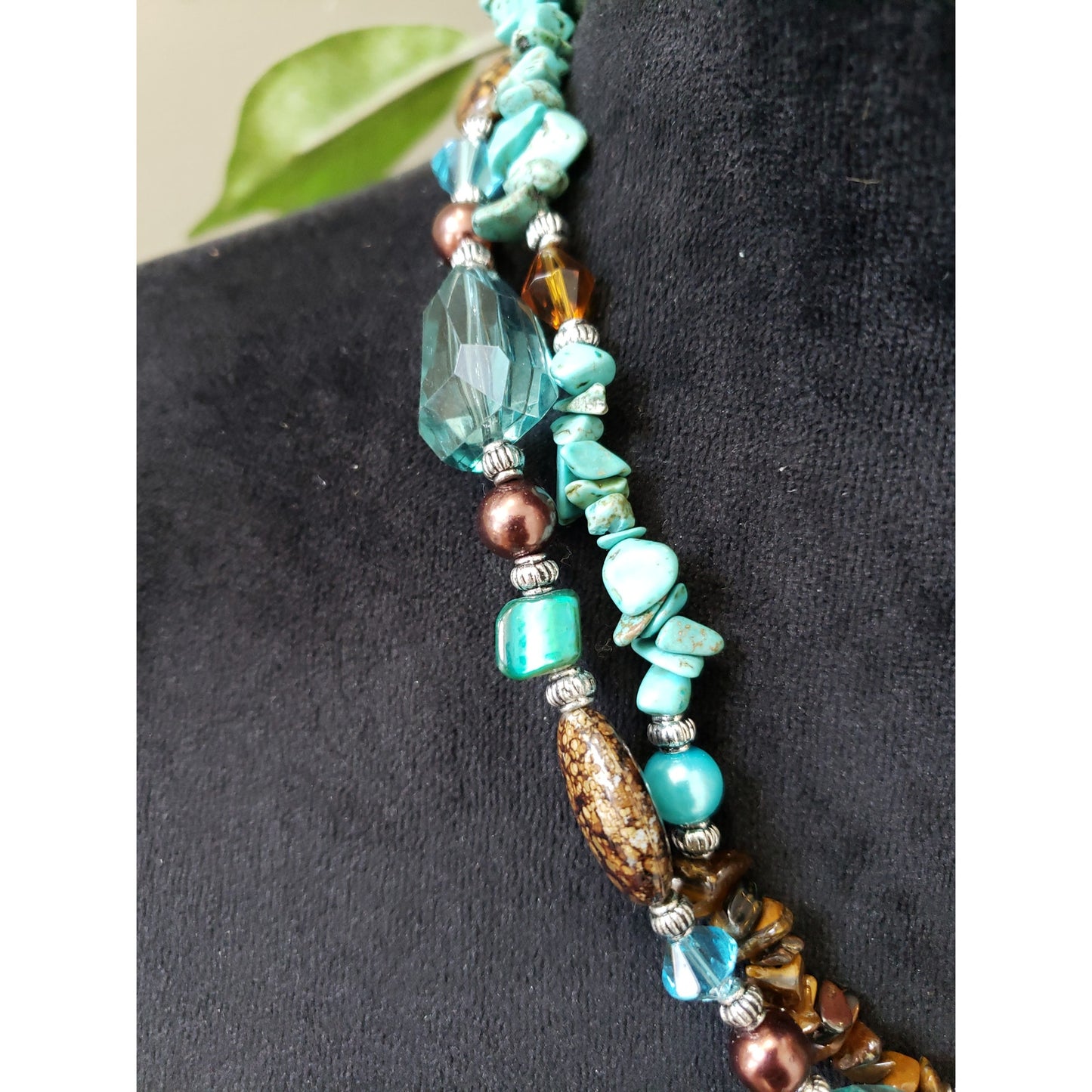 Womens 2 Strand Multi Chunky Biwa Turquoise Faux Pearls Glass Beaded Necklace
