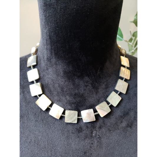 Women Mother of Pearl Shell Tile Beaded Necklace Square Iridescent Natural Tones