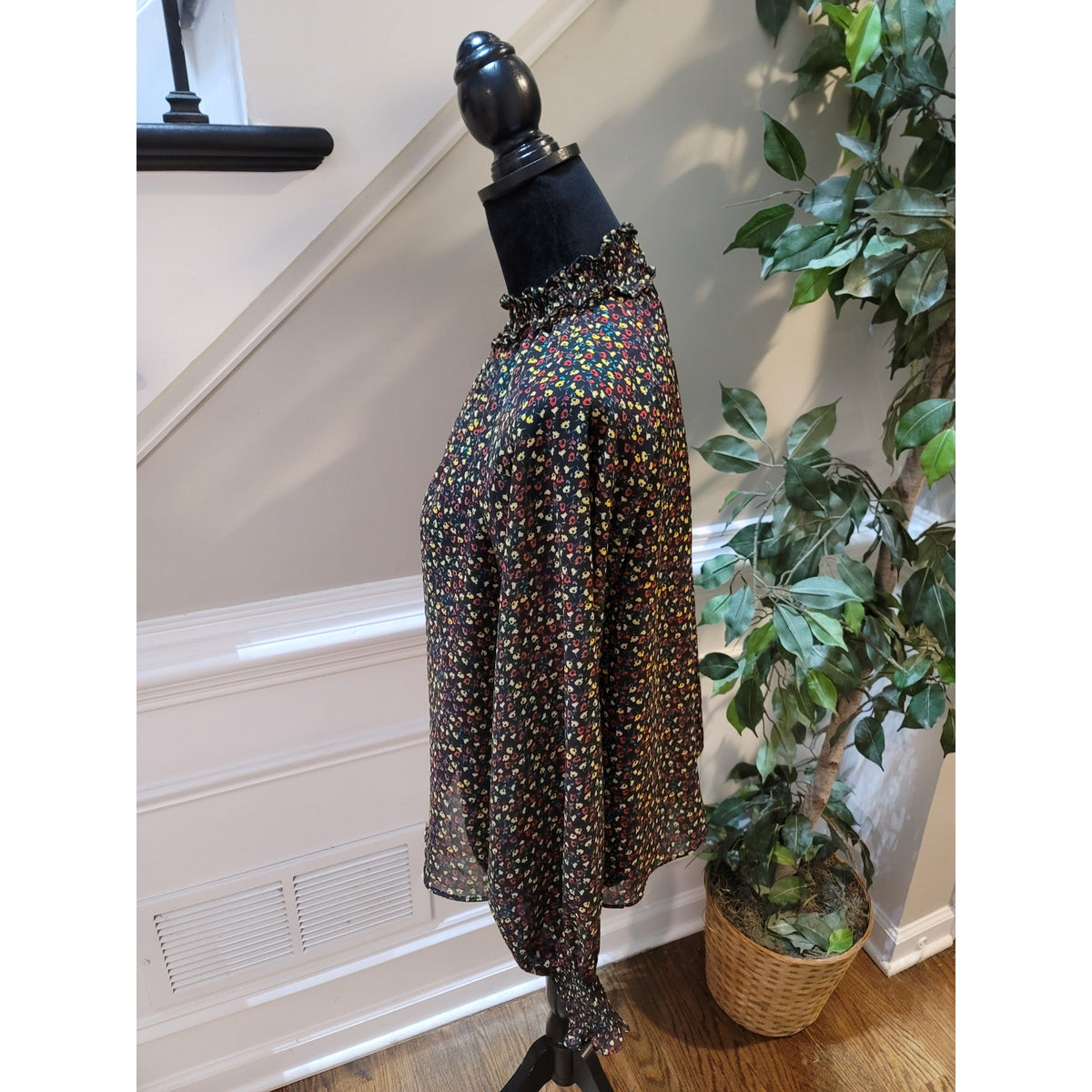 GAP Floral Sheer Top Women's Size X-Small Multicolor Mock Neck Long Sleeves