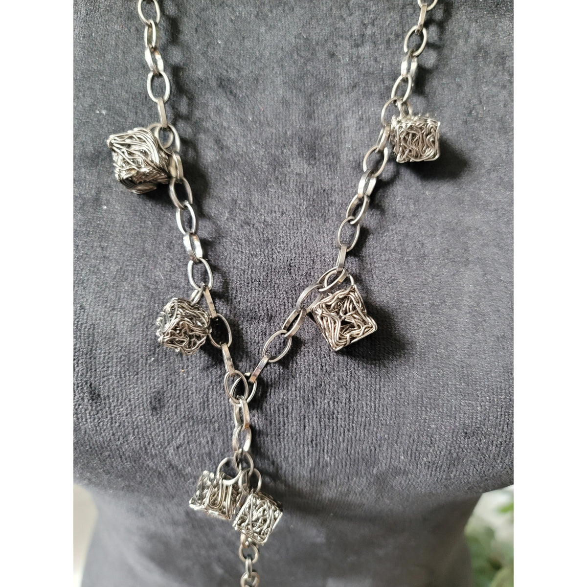 Women's Handmade Silver Chain Necklace With Wire Cube Charms Statement Jewelry