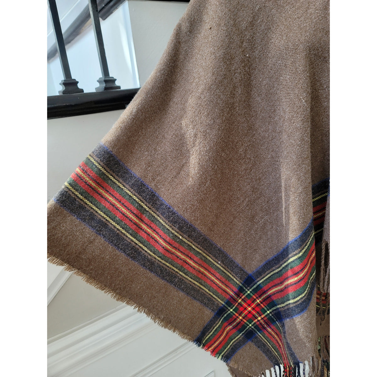Do Everything in Love Poncho Cape Women's One Size Brown Tartan Plaid Fringe