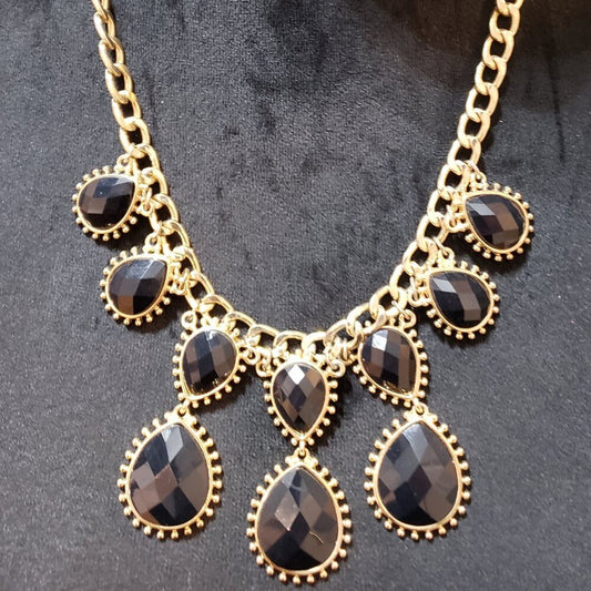 Women Gold Plated Black Enameled Tear Drop Statement Necklace with Lobster Clasp