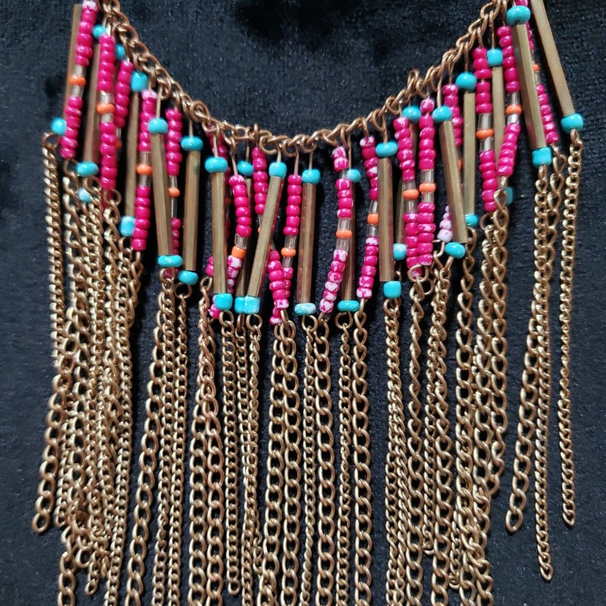 Womens Fashion Boho Layered Fringe Seed Bead Gold Tone Statement Necklace