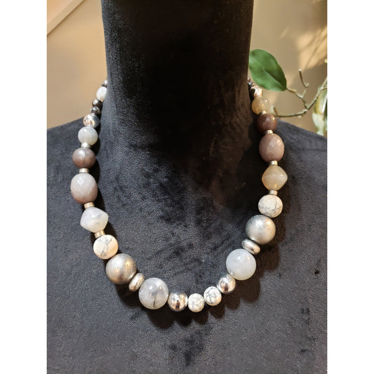Women's Chunky Mixed Bead Statement Necklace Neutral Tones Lobster Clasp